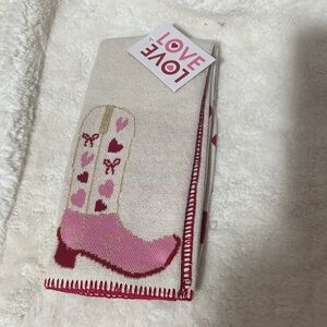 Set up two kitchen towels with cowboy girl, boots and bows and hearts 16” x 24”